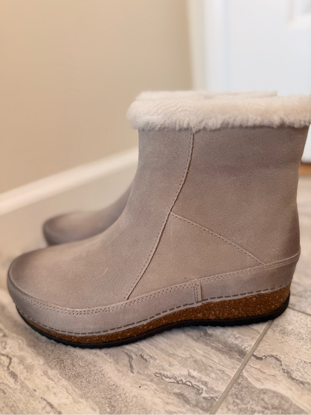 Women's Taupe Suede Shearling-Trim Ankle Boot